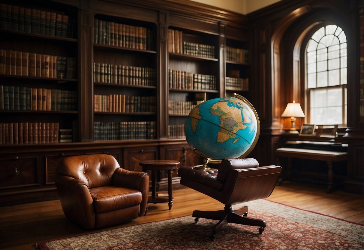 A leather armchair, dark wood bookshelves, and a vintage globe on a mahogany desk in a study