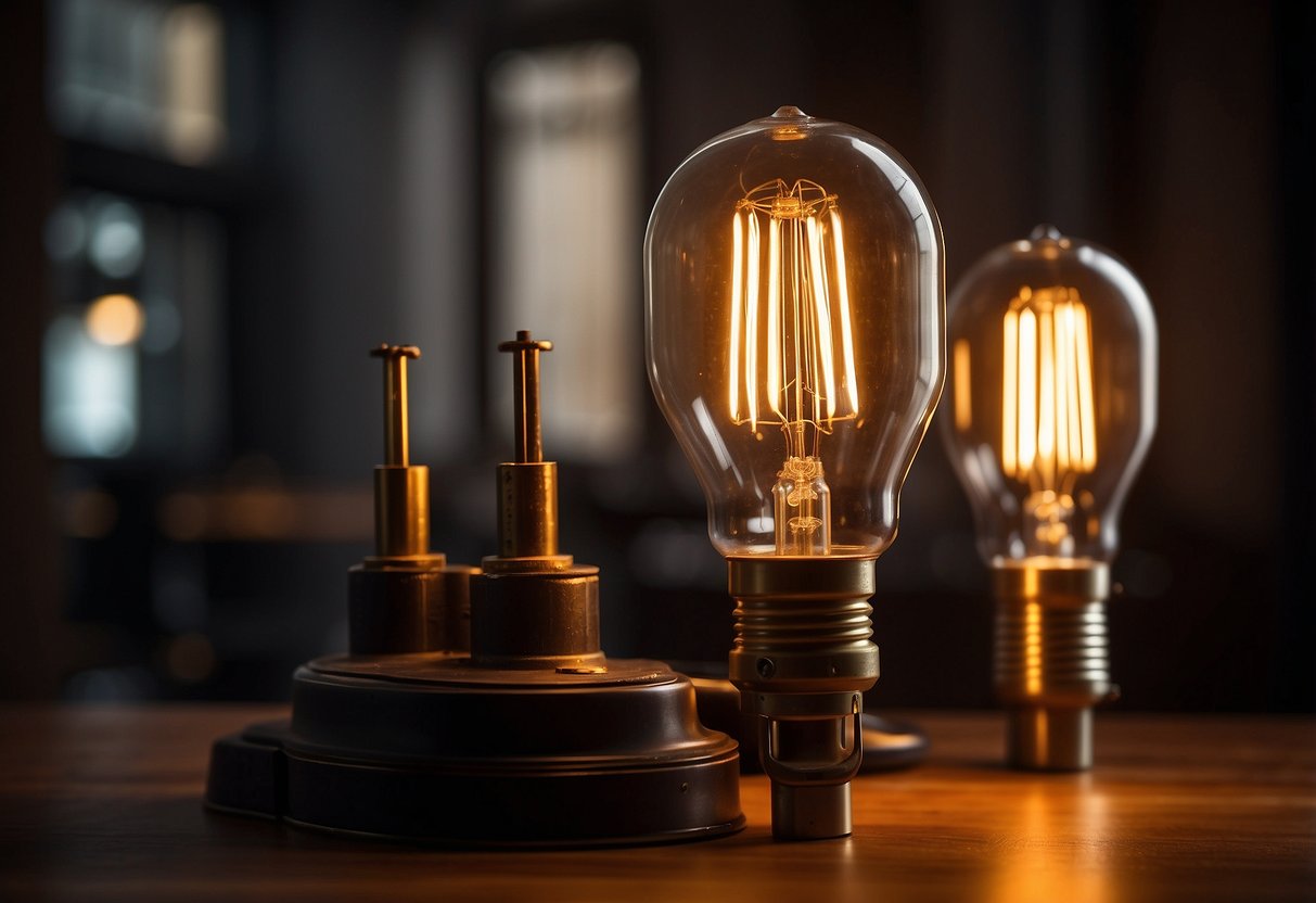 A dimly lit room with vintage Edison bulb lamps casting warm, ambient light. Masculine decor features include dark wood furniture and industrial accents