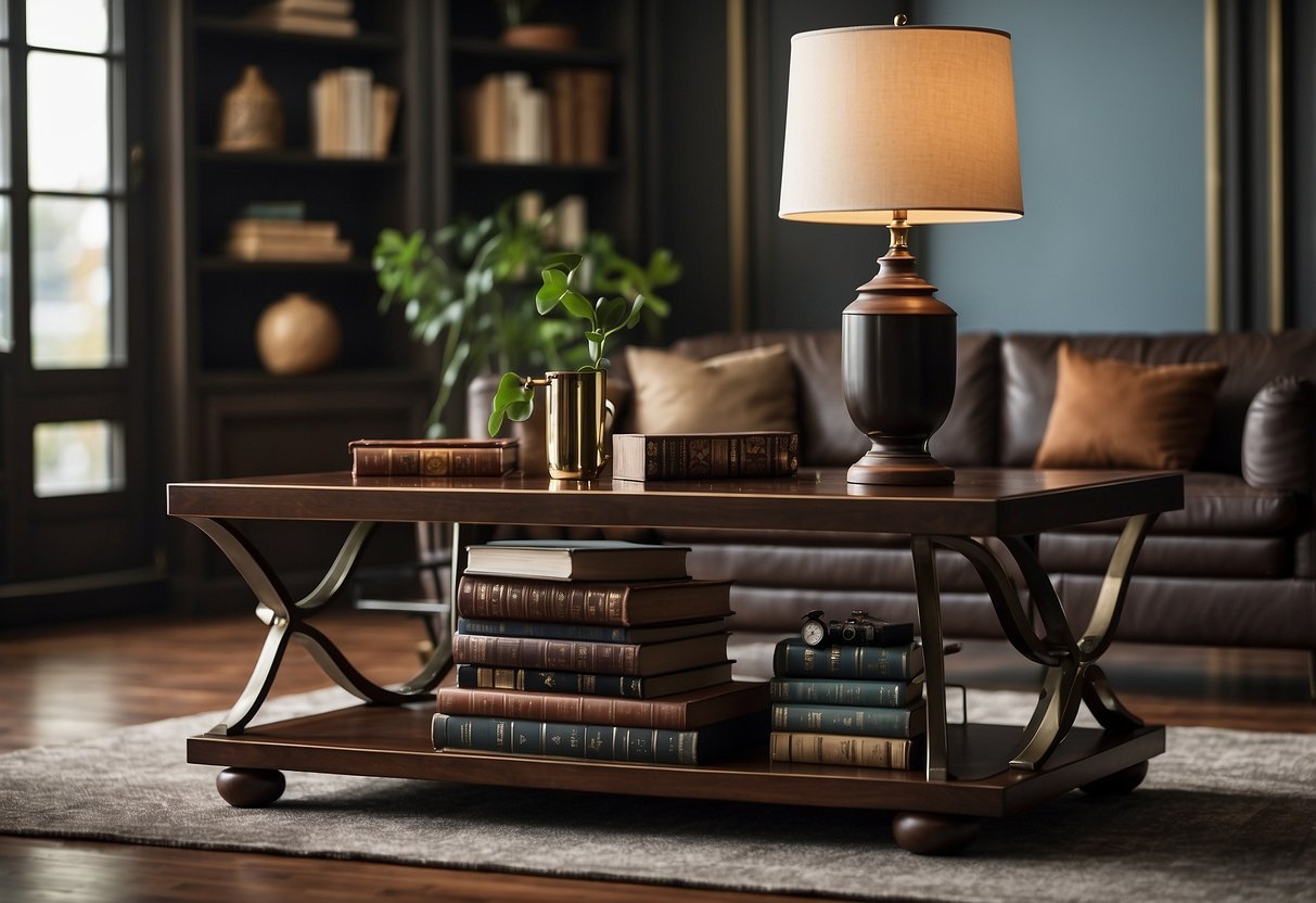 A dark wood coffee table sits in a spacious living room, adorned with masculine decor such as leather-bound books, a vintage globe, and a sleek metal lamp