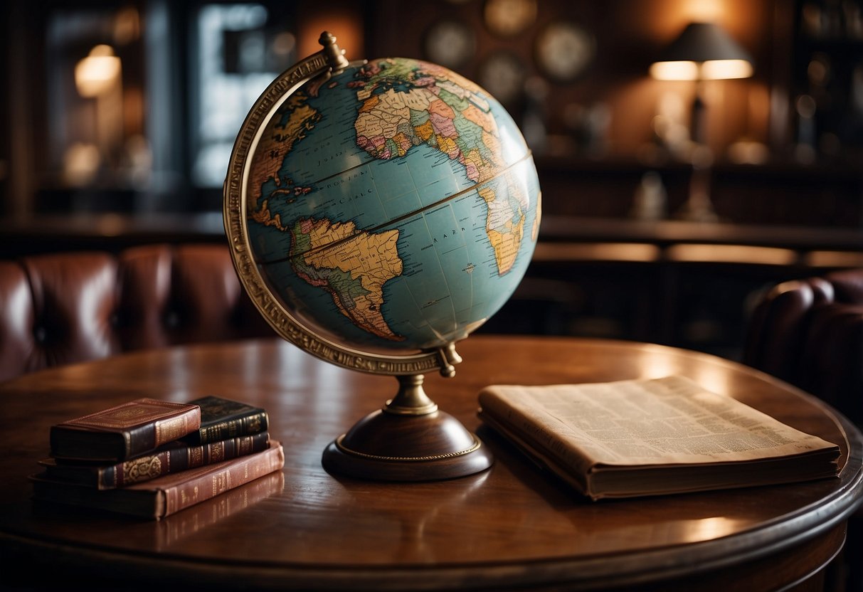 An antique globe bar sits atop a dark wood table, surrounded by leather armchairs and vintage maps on the wall