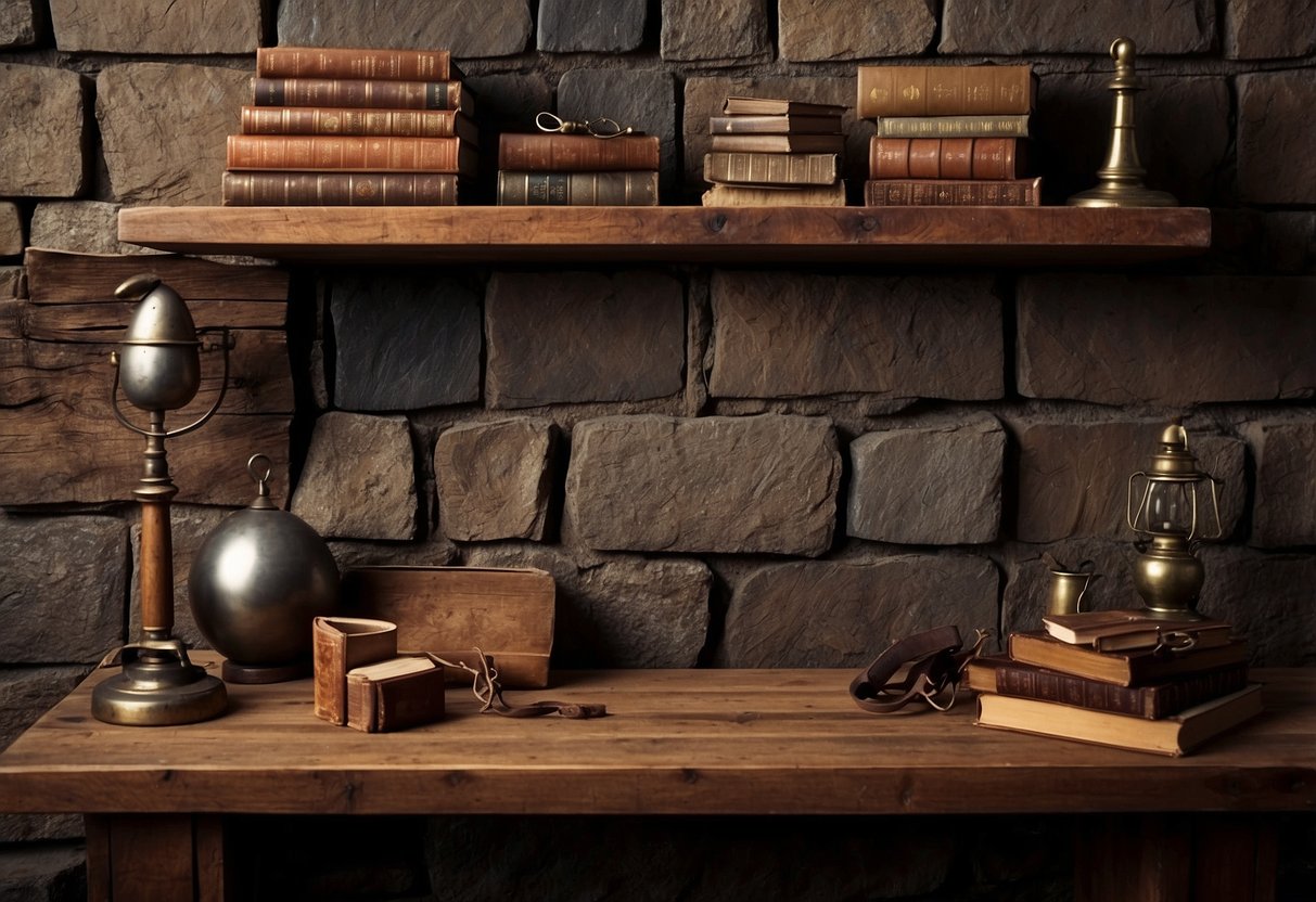 A wooden plank with metal accents hangs on a stone wall, surrounded by antique tools and leather-bound books