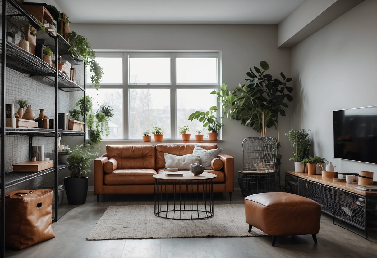 A modern living room with wire mesh baskets on industrial shelves, paired with leather furniture and metal accents