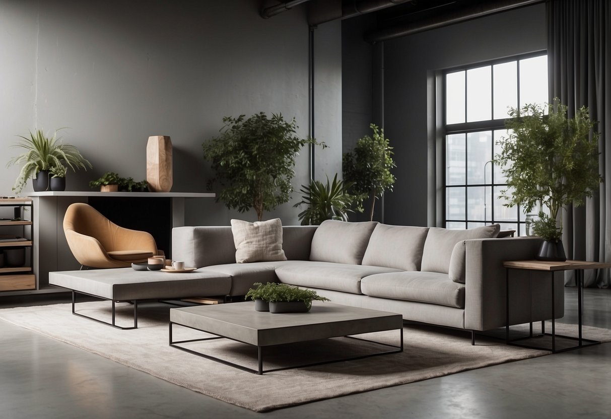 A modern living room with concrete planters on a sleek coffee table, industrial shelving, and minimalistic furniture