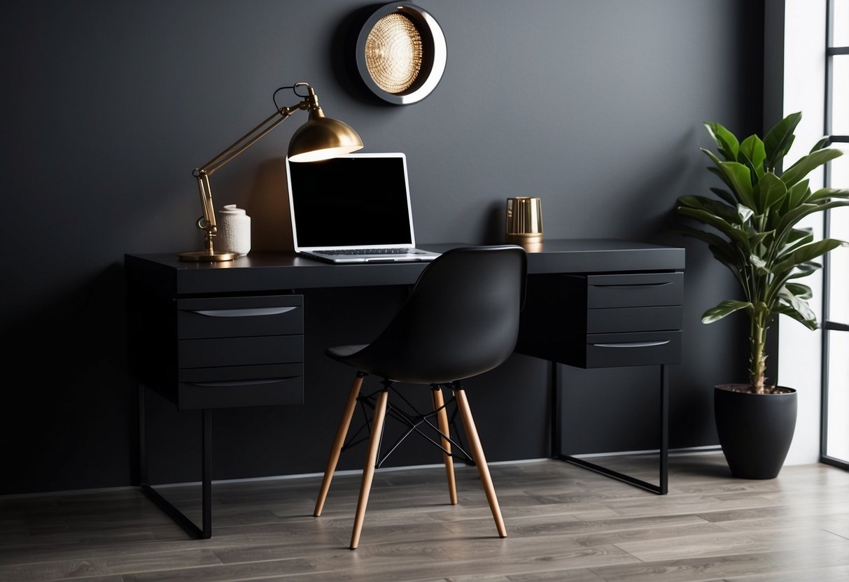 A sleek black desk with clean lines, paired with a modern chair. Minimalist decor includes a geometric lamp and a few carefully chosen masculine accessories