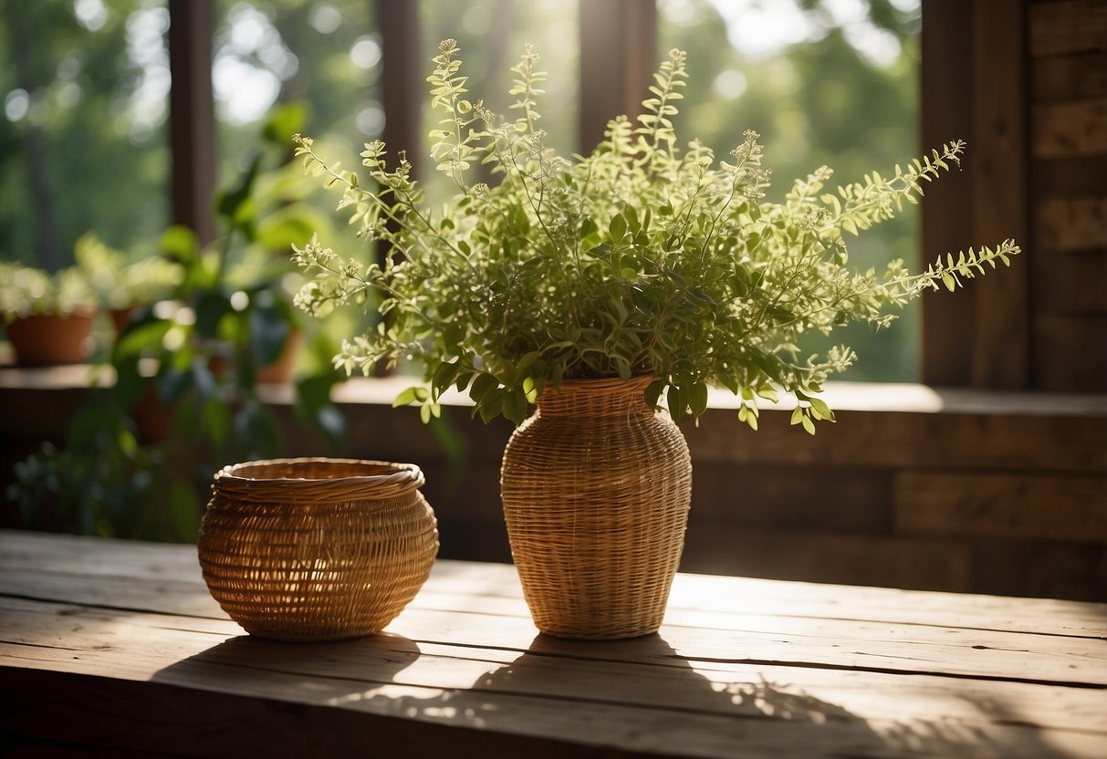 Sunlight filters through leafy branches onto a rustic wooden table adorned with potted plants, woven baskets, and natural textiles. A vase of wildflowers adds a pop of color to the serene setting