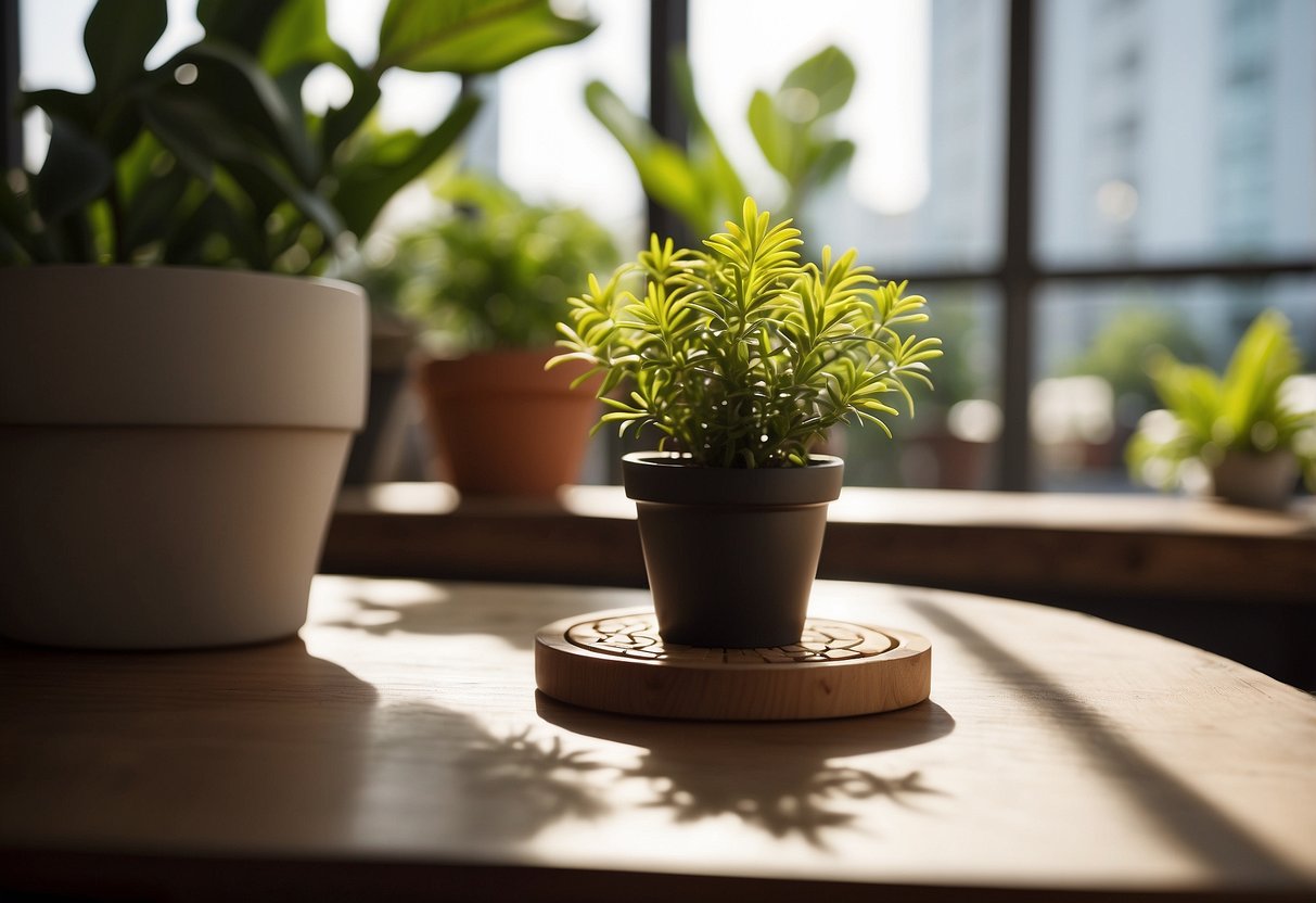 A wooden table with stone coasters, surrounded by potted plants and natural light