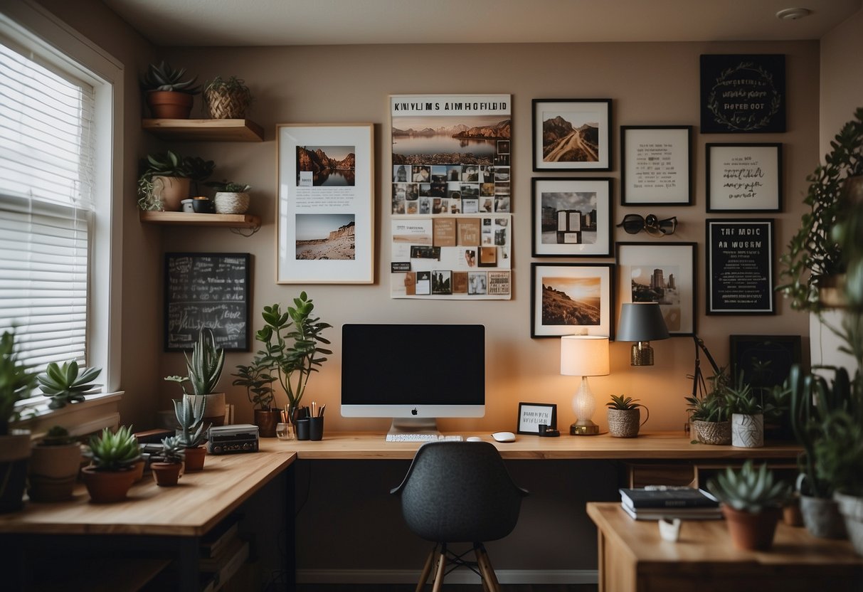 A cozy home office with a large bulletin board filled with inspirational quotes, a gallery wall of framed artwork, and a floating shelf displaying succulents and decorative objects