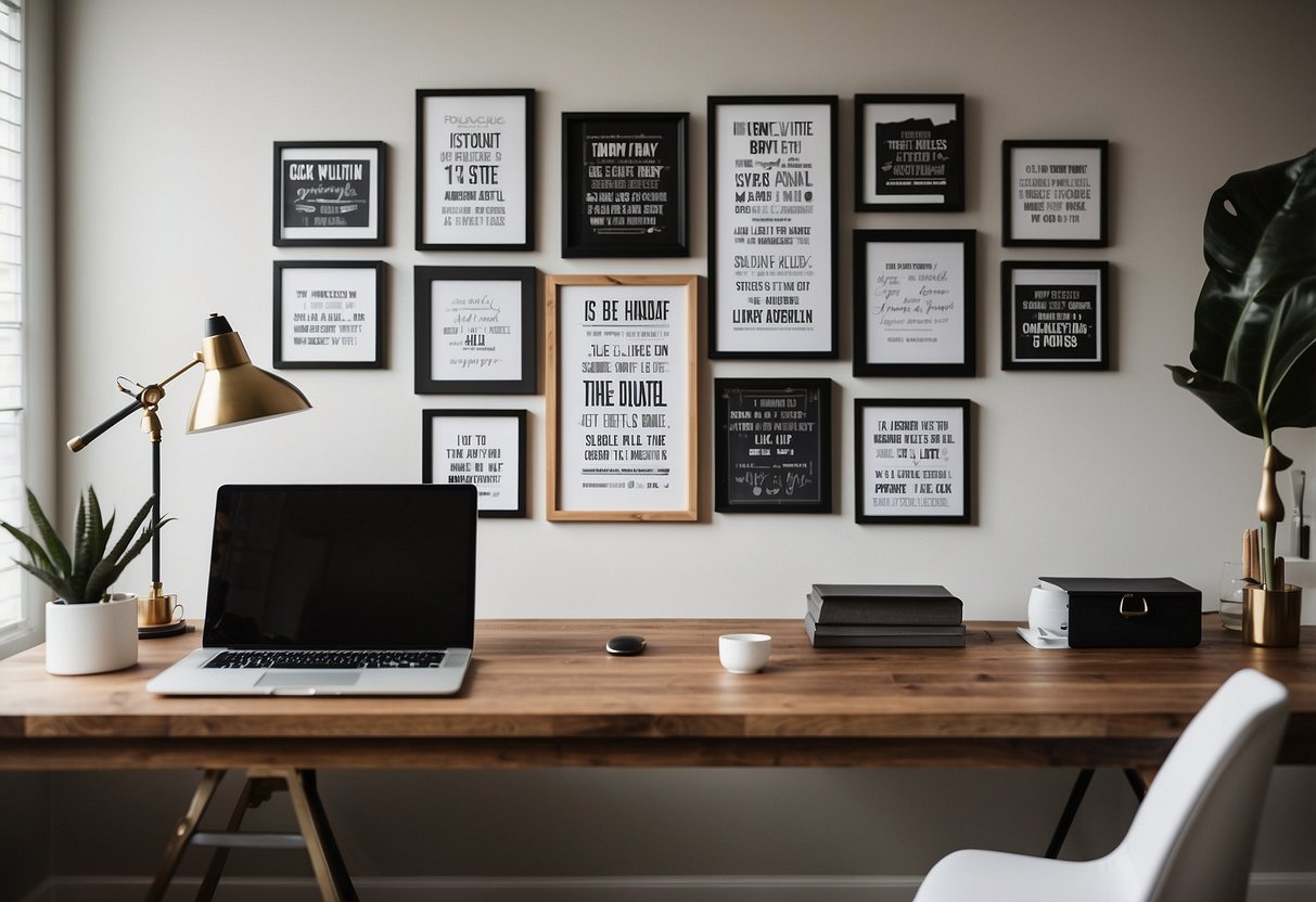 A home office wall adorned with framed inspirational quotes. Bright, organized, and motivating