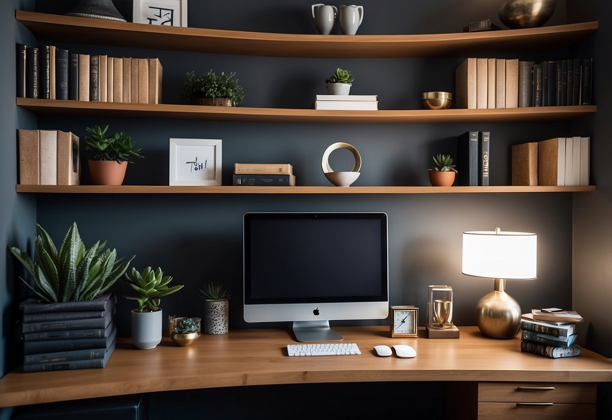 A home office with sleek, modern geometric wall shelves displaying books and decorative items