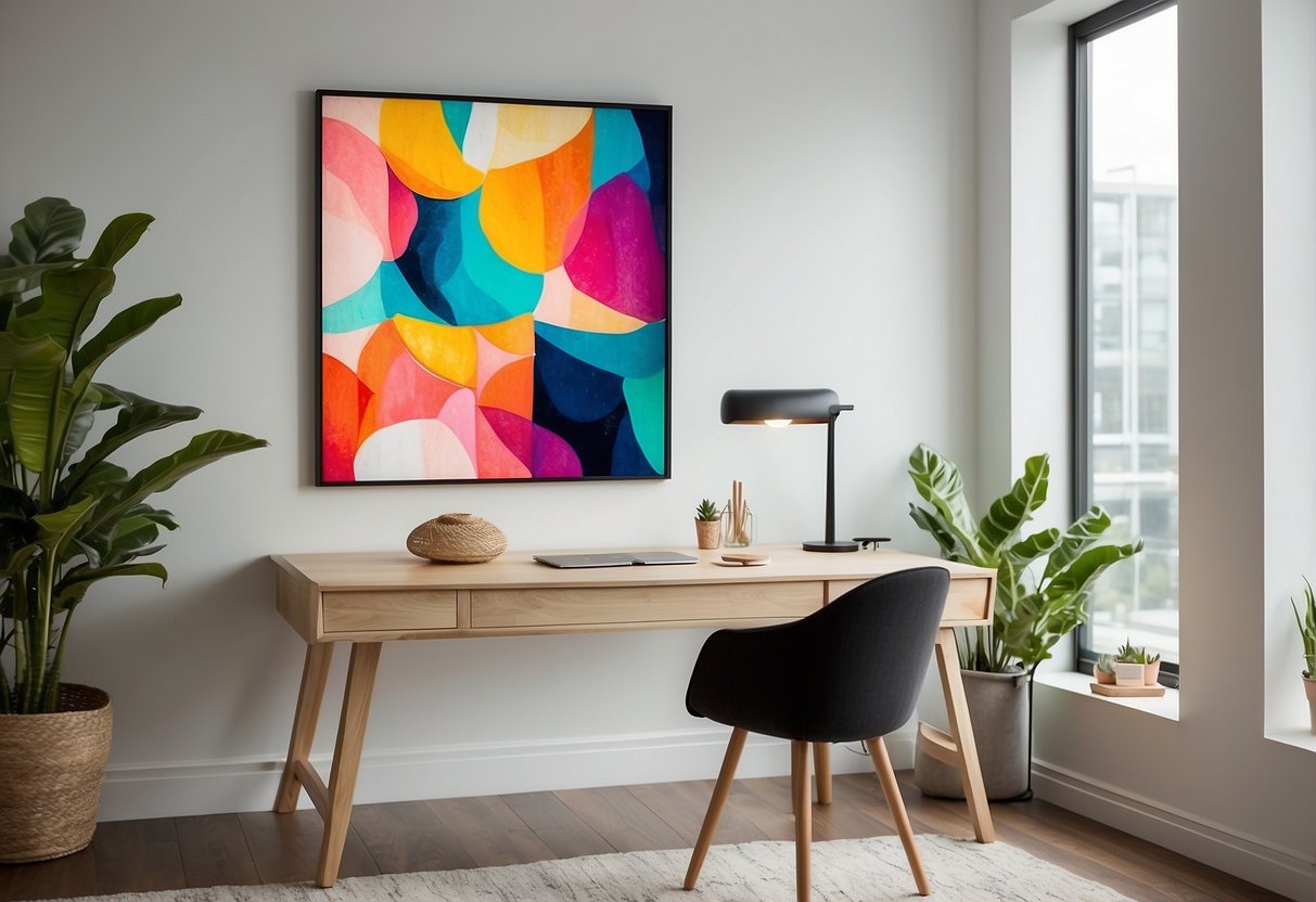 A colorful abstract art print hangs on a clean, white wall in a modern home office, adding a vibrant and artistic touch to the space