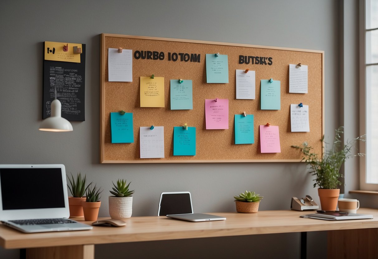 A bulletin board with a wooden frame hangs on the wall, adorned with colorful notes, photos, and inspirational quotes, creating a stylish and functional home office decor idea