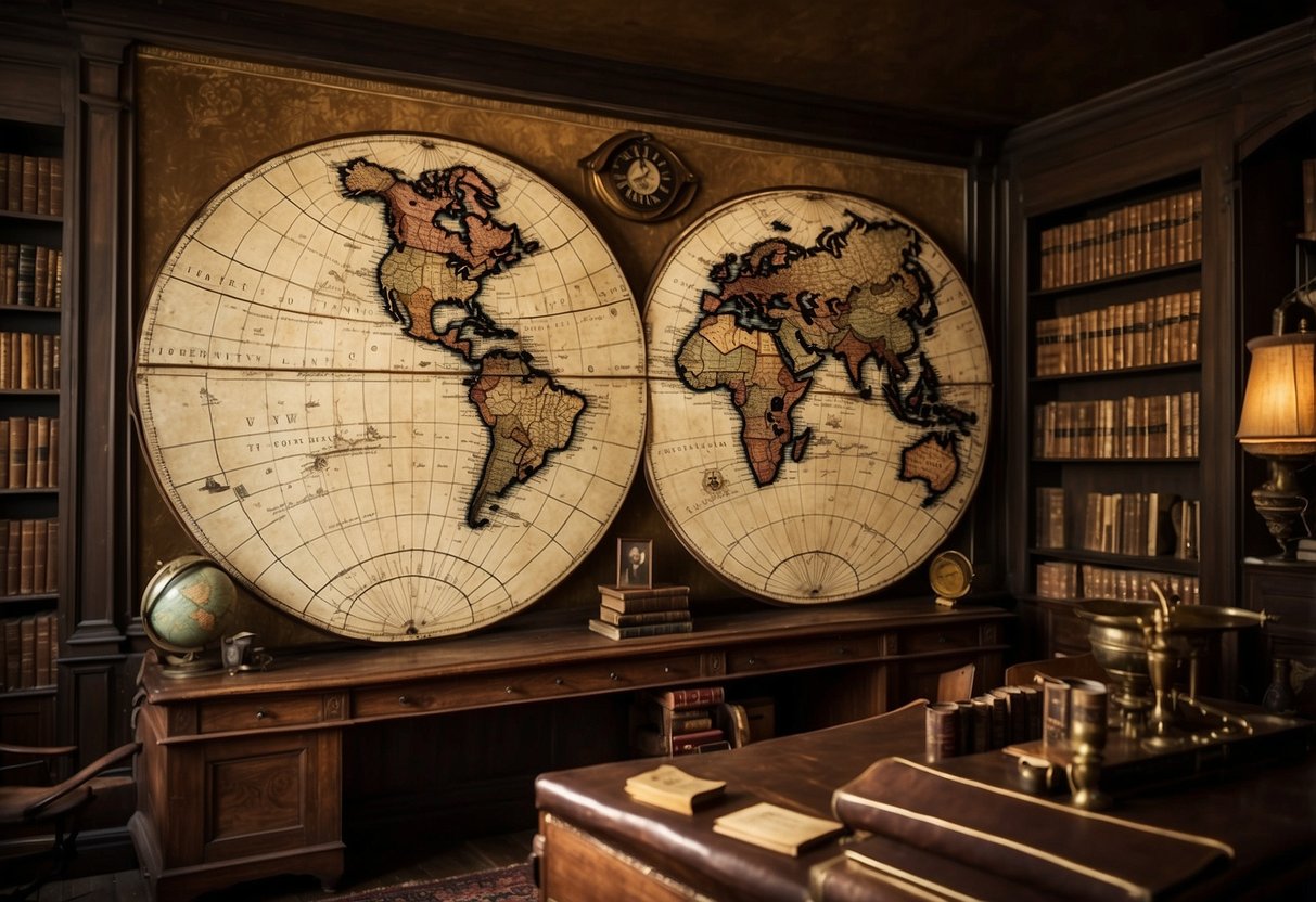 A vintage world map hangs on the wall of a cozy home office, surrounded by antique globes, leather-bound books, and a brass telescope