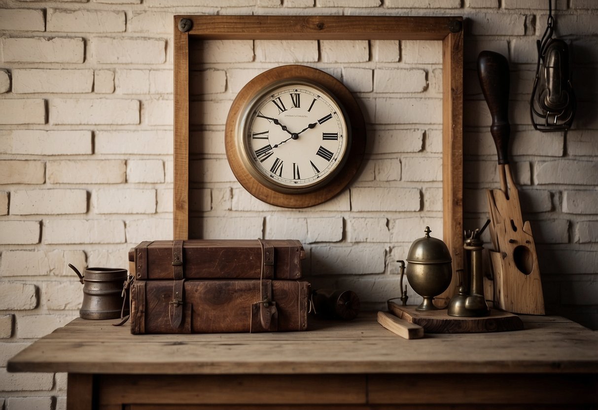 A vintage wooden clock hangs on a distressed white brick wall, surrounded by antique office tools and a cozy reading nook