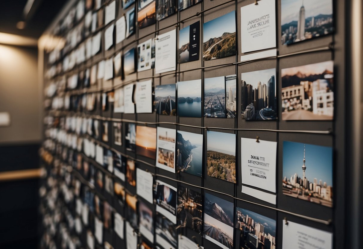 A metal wire wall grid hangs on the office wall, adorned with notes, photos, and trinkets. It serves as a functional and stylish organizational tool for the modern workspace