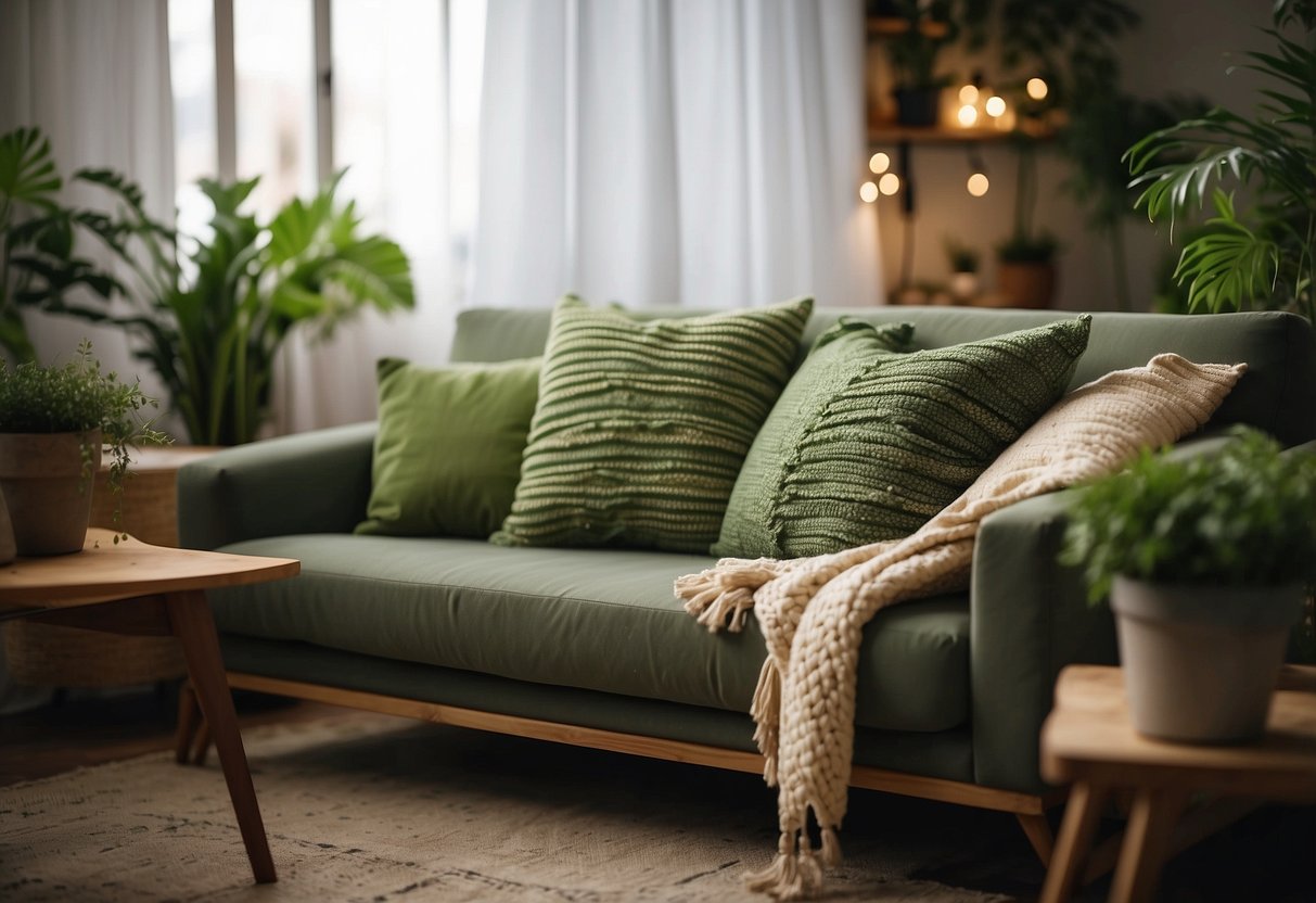 A cozy living room with DIY decor: handmade throw pillows, wall art, and upcycled furniture. Warm lighting and green plants add a touch of nature