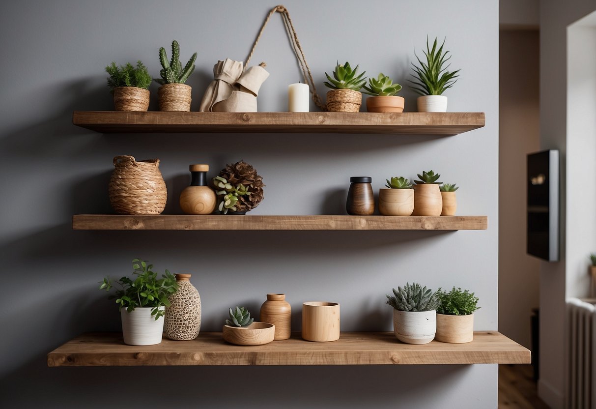 Rustic floating shelves hang on a living room wall, adorned with DIY decor. A cozy, homely atmosphere is created with the addition of these handmade shelves