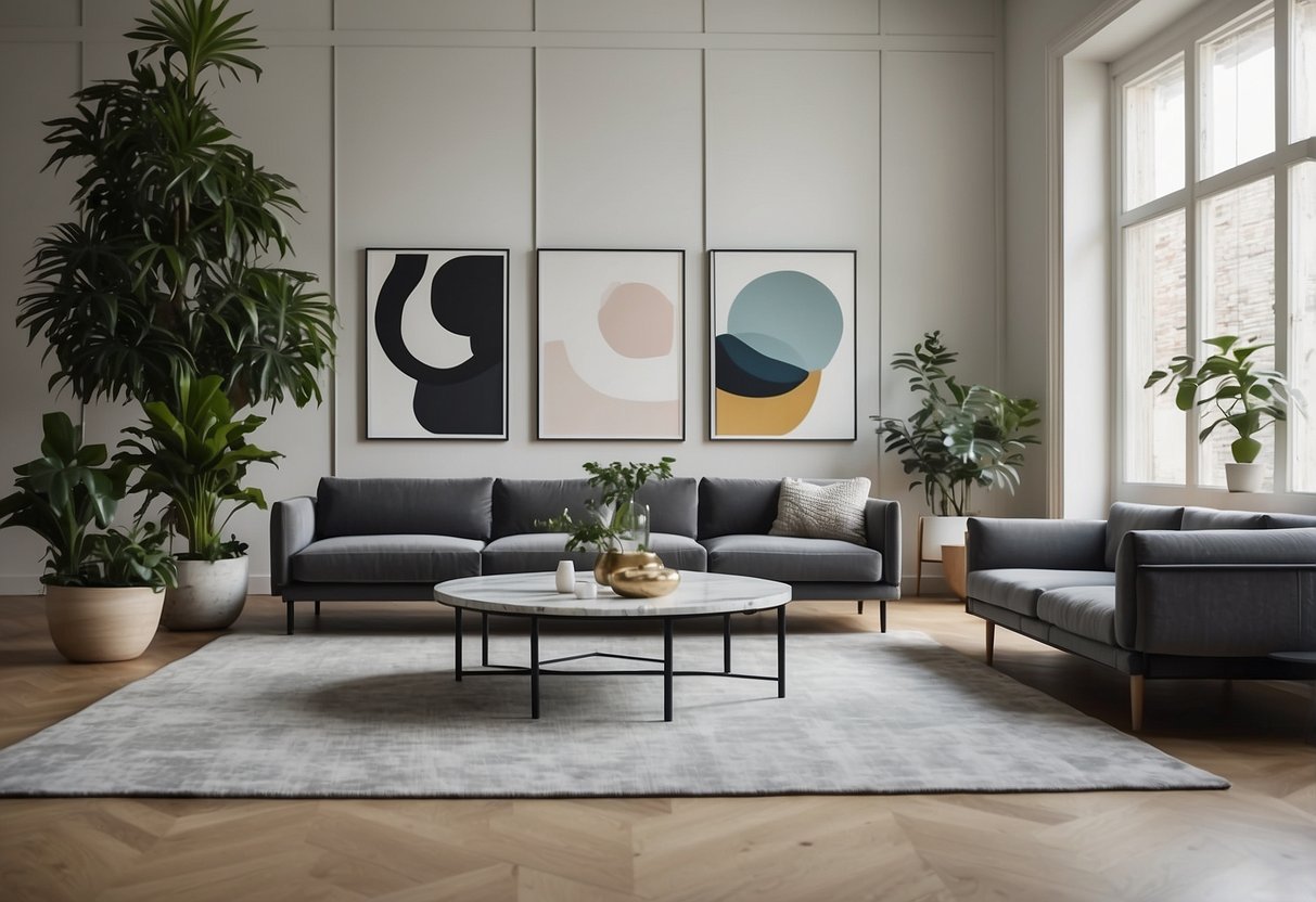 A modern living room with a sleek gray sofa, geometric patterned rug, and a gallery wall of abstract art. A marble coffee table and potted plants add a touch of sophistication to the space