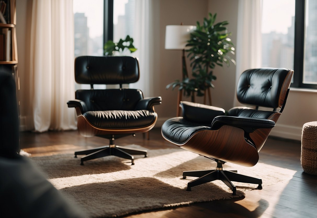 An Eames Lounge Chair sits in a sunlit living room, surrounded by modern decor and a cozy throw blanket