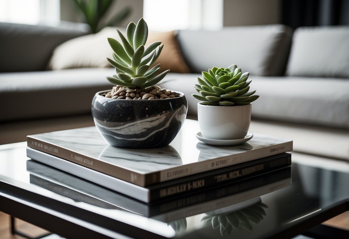 A marble coffee table sits in a modern living room, adorned with a stack of art books and a sleek silver tray with a single succulent plant