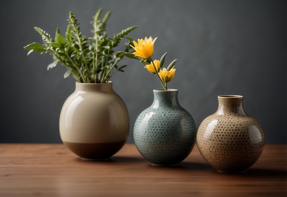 A table with three ceramic vases in different sizes and colors arranged in a triangular formation, set against a neutral background