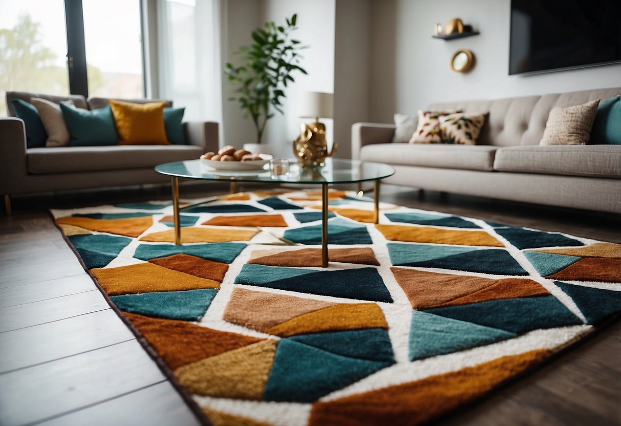 A geometric pattern rug lays centered in a modern living room, adding a pop of color and texture to the space