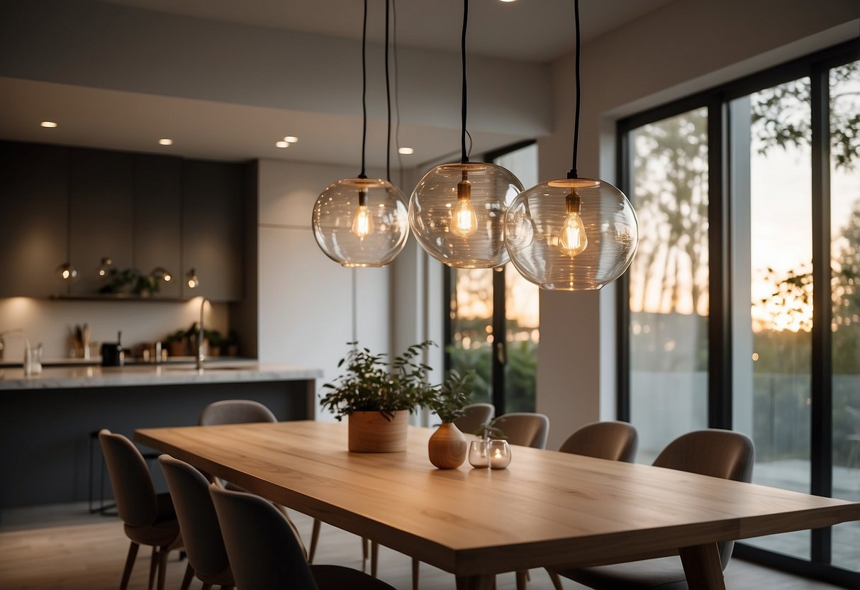 A modern glass pendant light hangs above a sleek dining table, casting a warm glow over the minimalist decor in a stylish model home