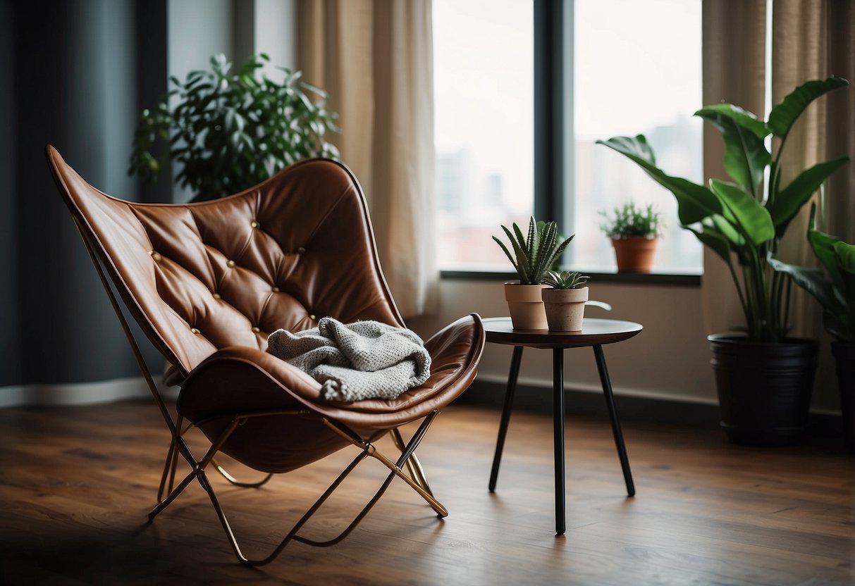 A leather butterfly chair sits in a modern living room with a cozy throw blanket and a small side table with a potted plant