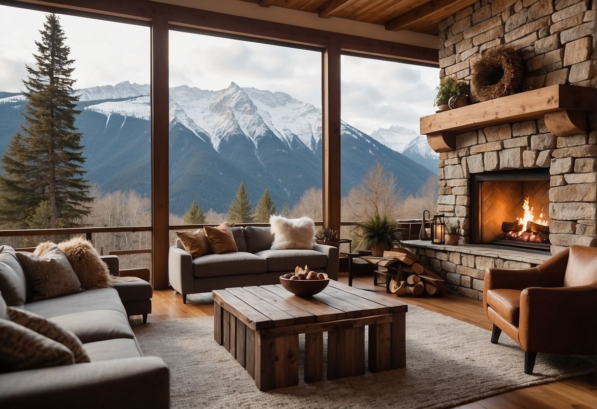 A cozy living room with a stone fireplace, wooden furniture, and warm earthy tones. Large windows offer a view of snow-capped mountains