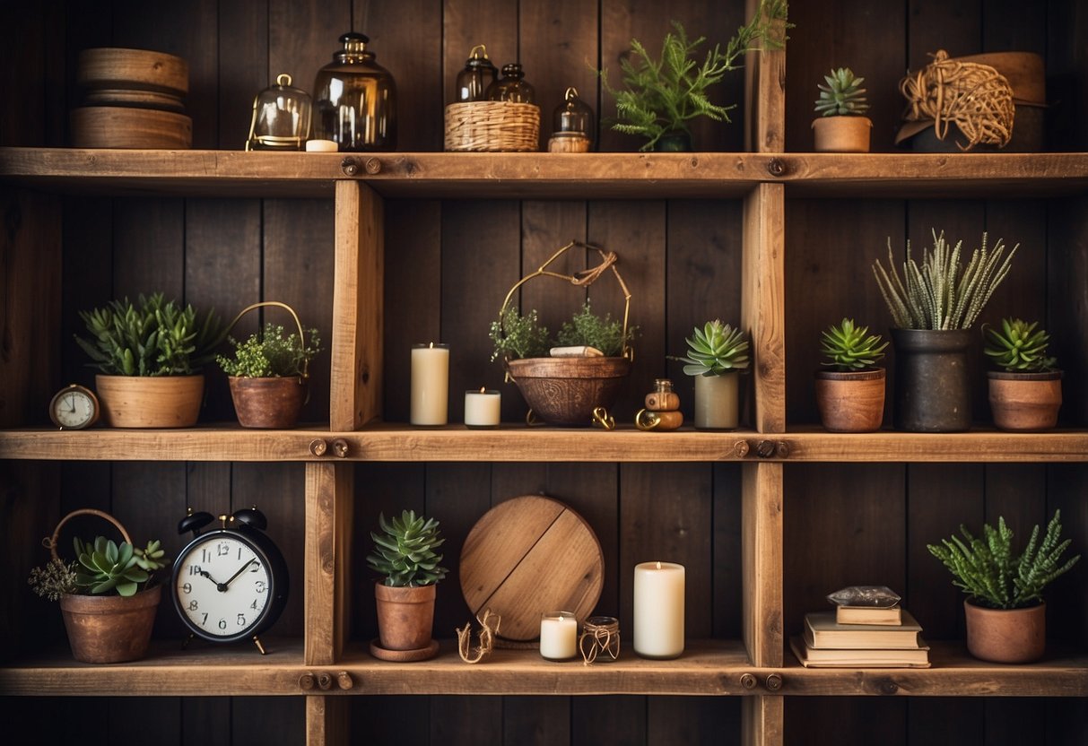 Rustic wooden shelves filled with mountain home decor items