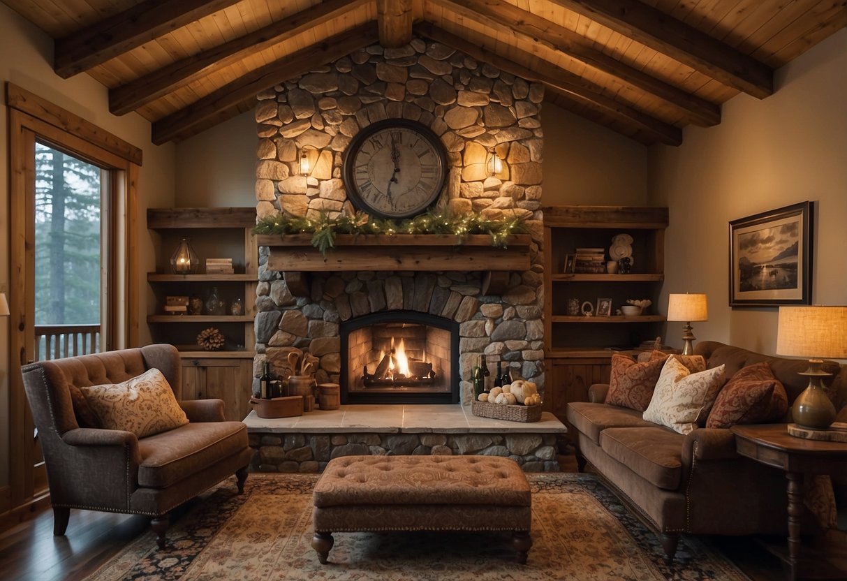 A stone fireplace mantel stands in a cozy mountain home, adorned with rustic decor and surrounded by plush seating and warm lighting