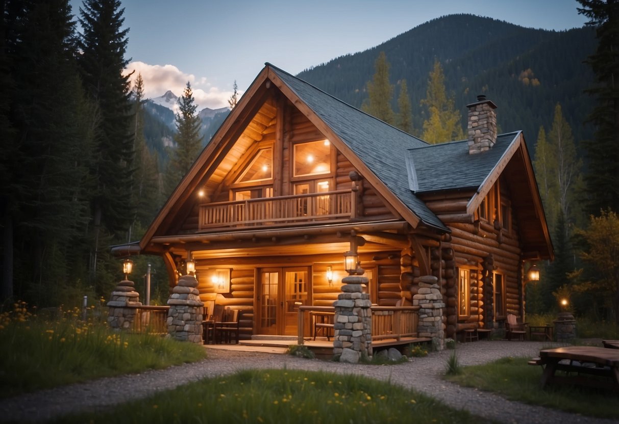 A cozy log cabin with rustic wallpaper, nestled in the mountains with wooden furniture and warm lighting