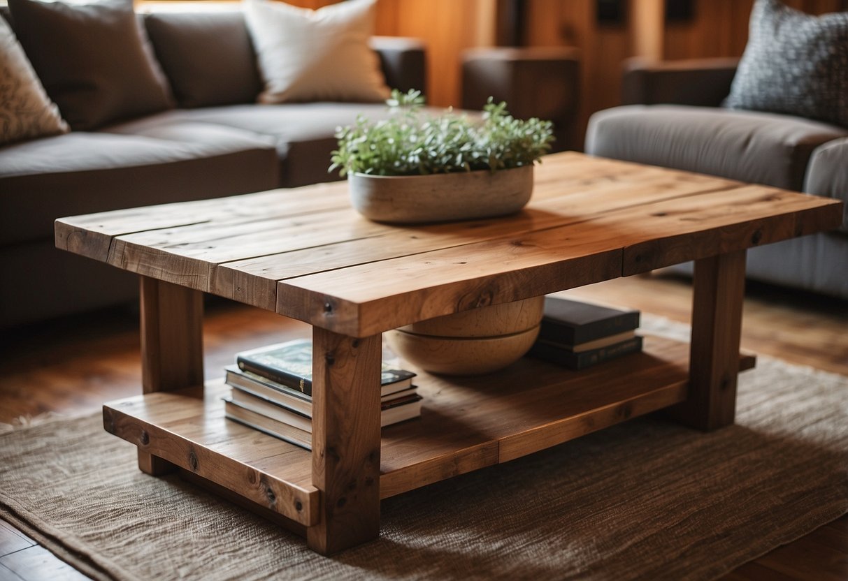 A rustic reclaimed wood coffee table sits in a cozy mountain home, surrounded by warm earth tones and natural textures