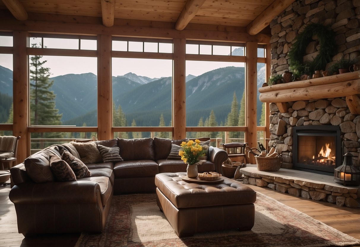 A cozy mountain cabin with bear-themed pillows scattered on a rustic wooden couch, surrounded by pine tree decor and a warm fireplace