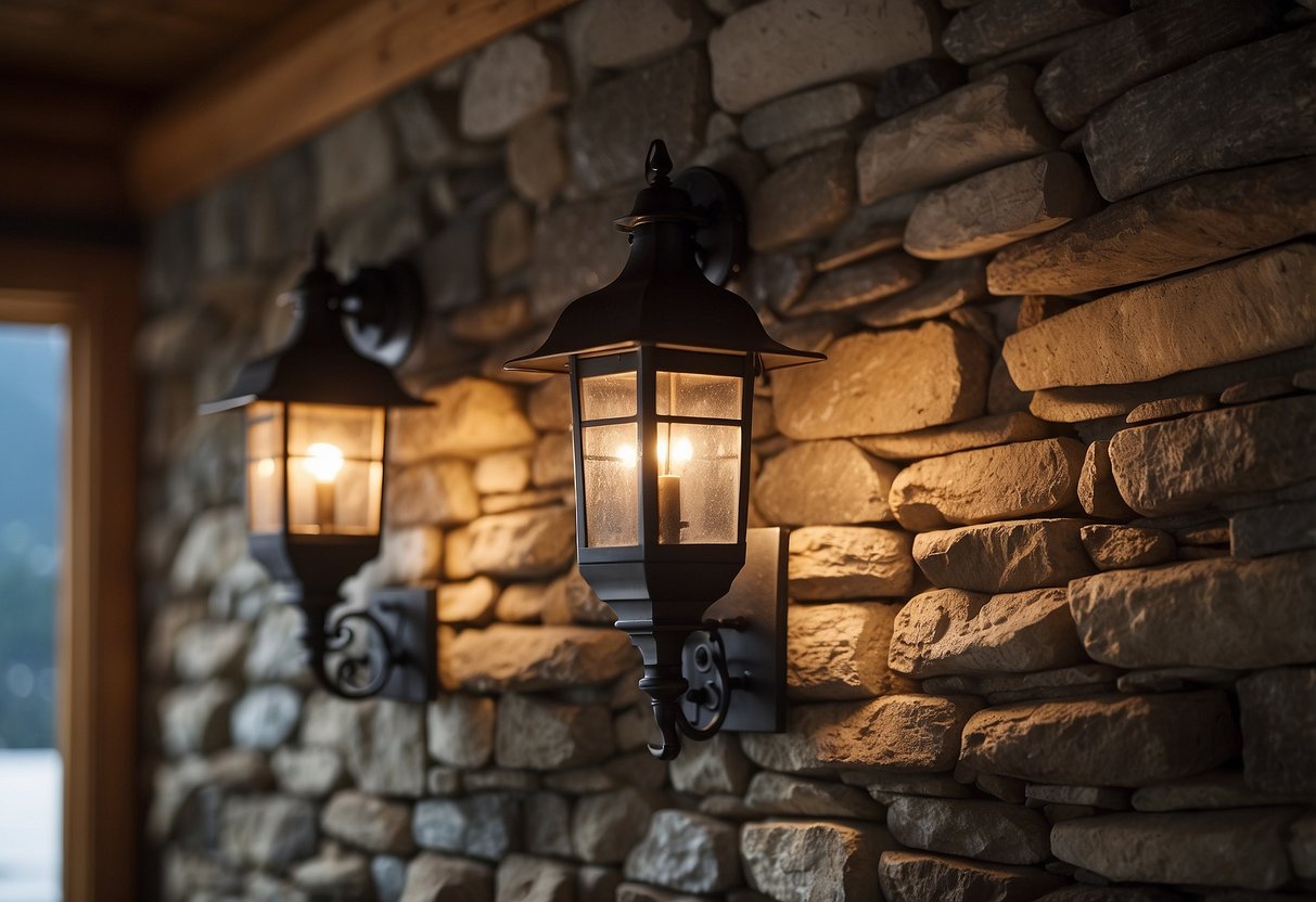 Two iron wall sconces mounted on a stone wall, illuminating a rustic mountain home interior