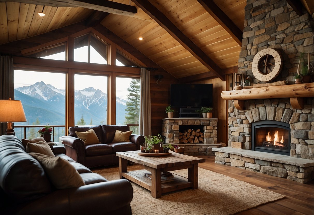 A cozy mountain cabin with warm wood tones, accented by cool blues and greens inspired by the surrounding landscape. Rich earthy browns and pops of fiery reds bring in the warmth of the natural elements