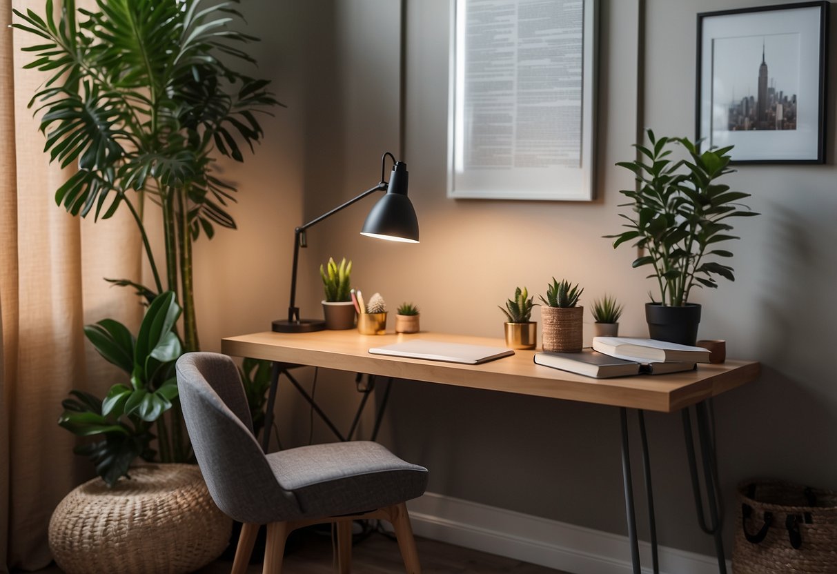 A sleek desk with a modern lamp, potted plants, and a stack of books. A bulletin board with inspiring quotes and a cozy chair complete the stylish home office decor