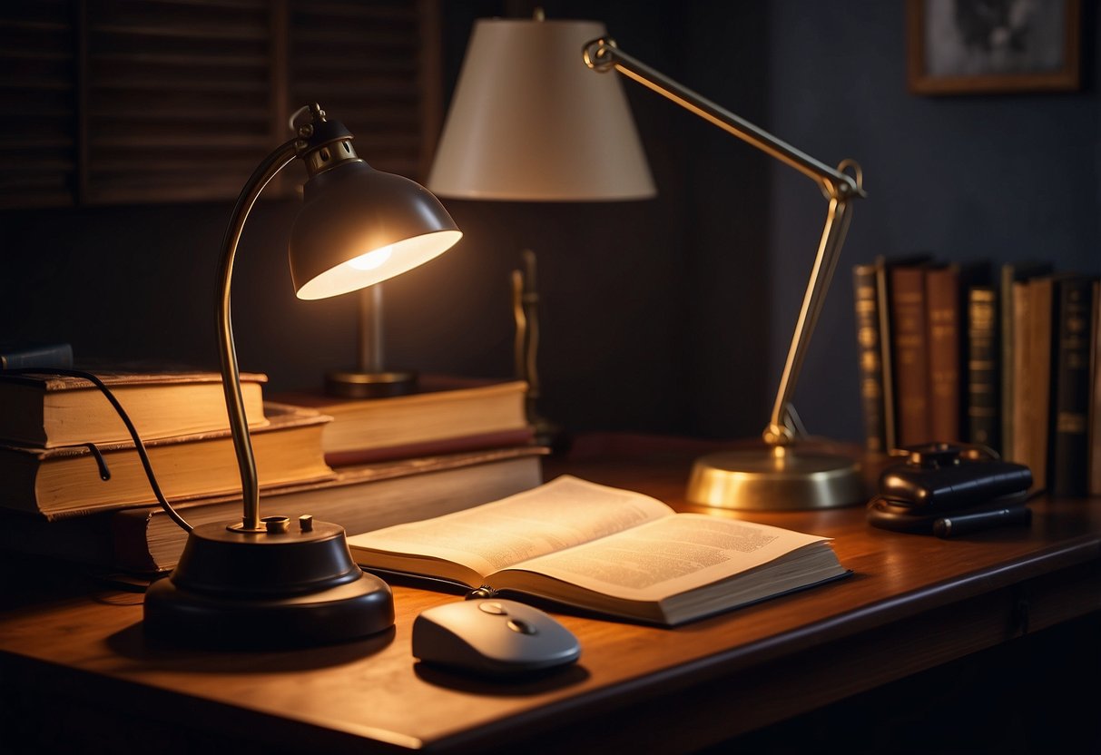 A vintage desk lamp illuminates a cluttered home office desk, casting a warm glow on the surrounding books and papers