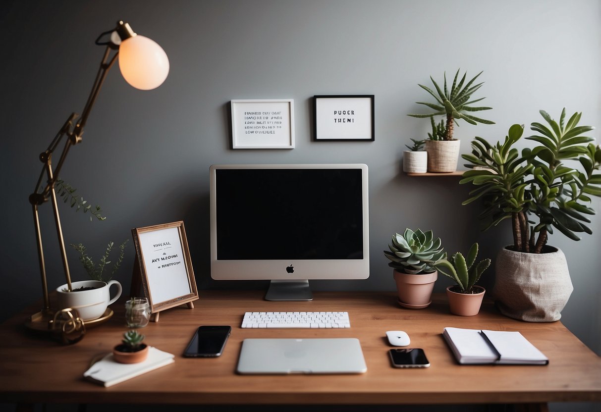 A clutter-free desk with a motivational quote art print, succulent plant, and organized stationery. A cozy home office setup for creativity and productivity