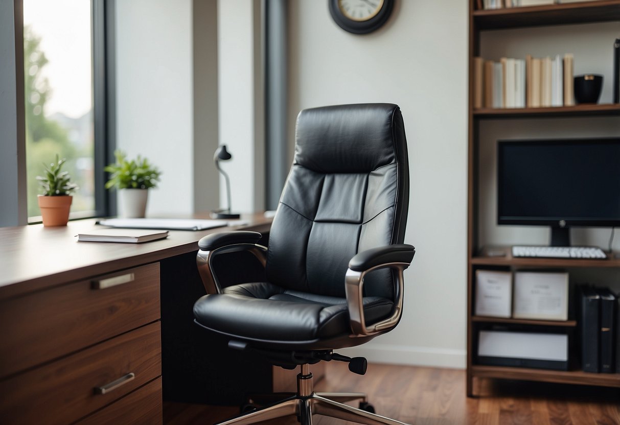 A comfortable ergonomic chair cushion sits on a sleek home office desk, adding a touch of comfort and style to the workspace