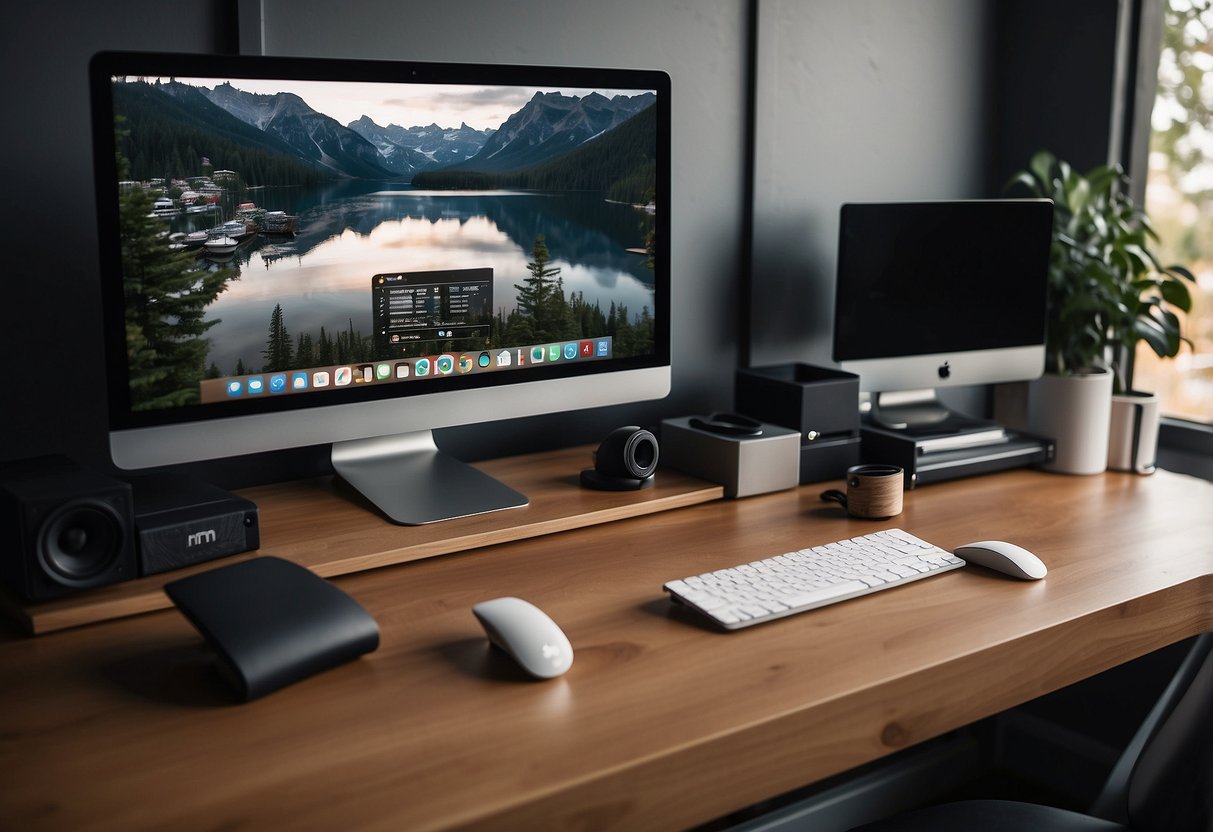 A sleek monitor riser with built-in storage sits on a clean, organized home office desk