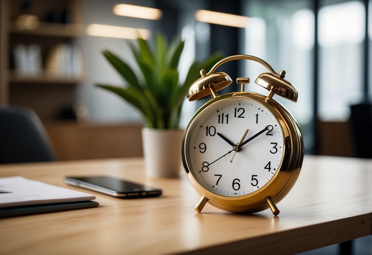 A sleek brass desk clock sits on a clean, modern desk, surrounded by minimalist office decor