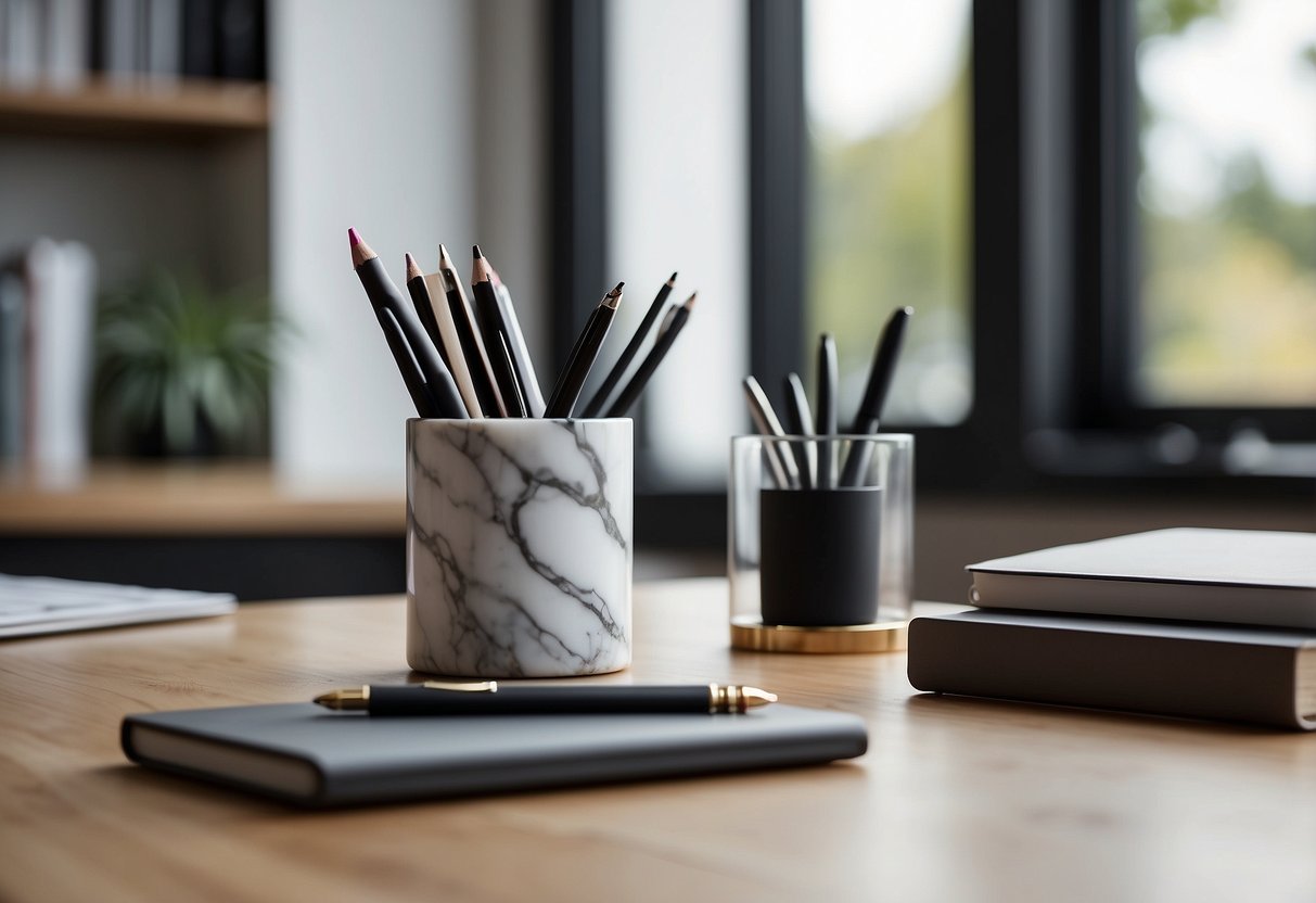 A sleek marble pen holder sits on a clean home office desk, surrounded by neatly arranged stationery and minimal decor