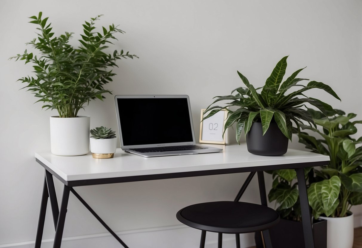 A sleek, modern desk with a minimalist color scheme of black, white, and silver. A potted plant adds a pop of green, while a geometric desk organizer keeps things tidy