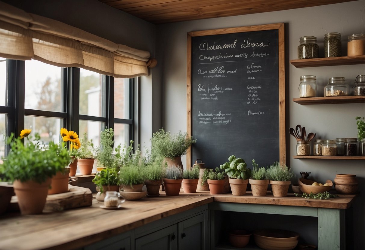 A cozy kitchen with colorful curtains, potted herbs, and vintage jars on open shelves. A chalkboard wall displays handwritten recipes and a rustic wooden table is adorned with fresh flowers