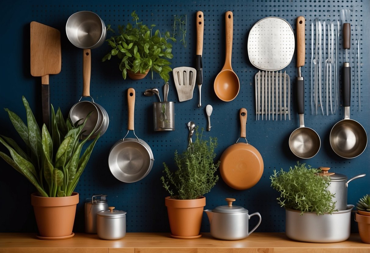 A pegboard hangs on a kitchen wall, holding various utensils and cookware. Plants and small decorative items adorn the surrounding area