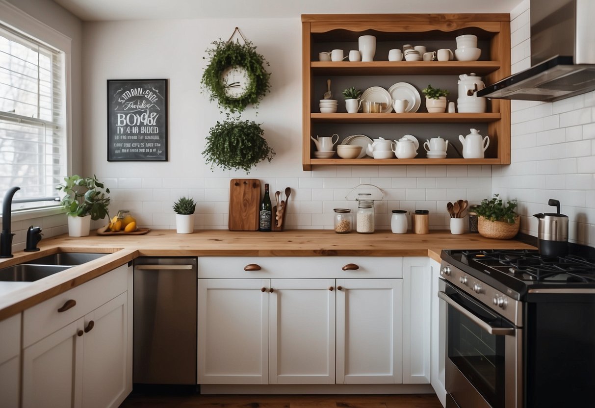 A cozy kitchen with framed quotes on the walls, showcasing budget-friendly decor ideas