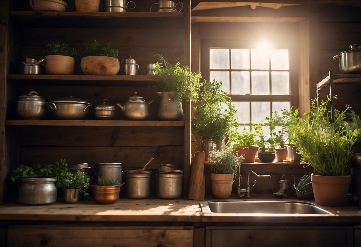 Rustic kitchen with reclaimed wood shelves, adorned with potted herbs and vintage kitchenware. Sunlight streams in, casting warm shadows