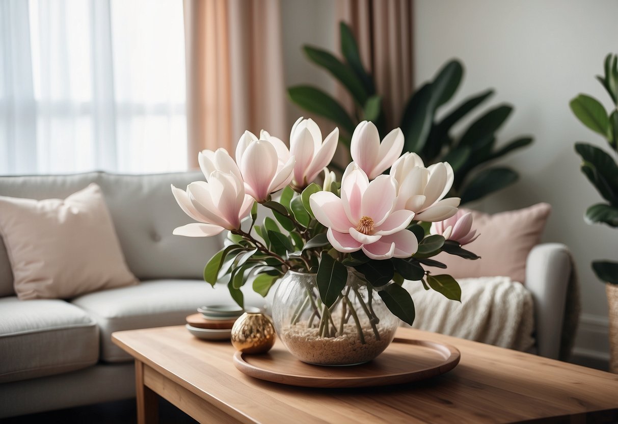 A cozy living room with a large magnolia flower centerpiece on a wooden coffee table, complemented by soft, pastel-colored throw pillows and curtains