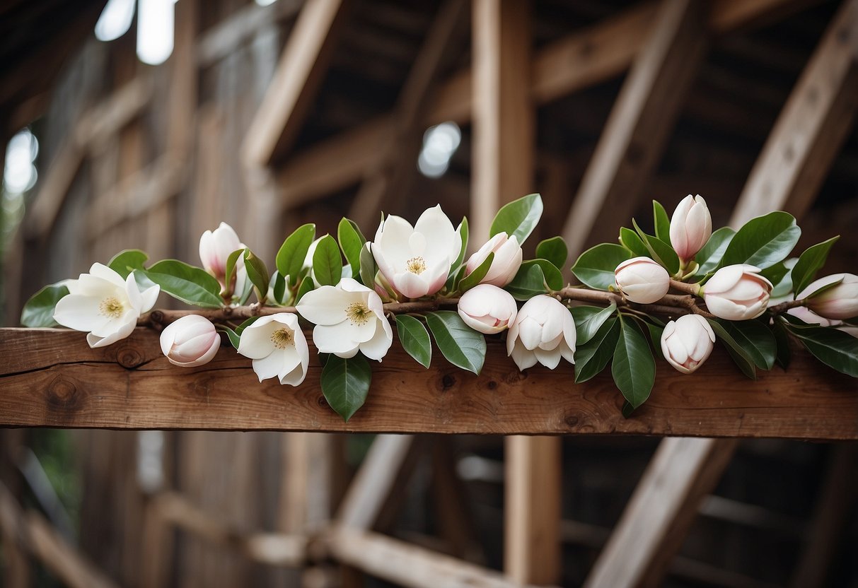 Rustic wooden beams adorned with magnolia home decor