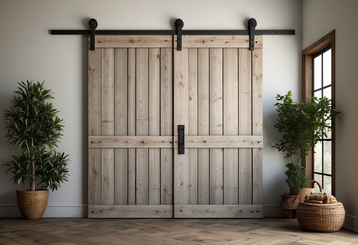 A rustic barn door with black hardware hangs on a weathered white wall, surrounded by magnolia home decor accents